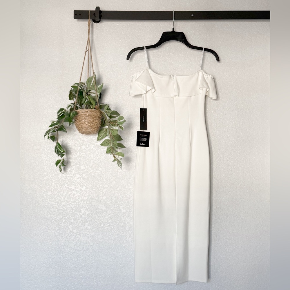 NWT Lulu’s City Nights Ivory Ruffled Off-the-Shoulder Midi Dress XS - Picture 5 of 6